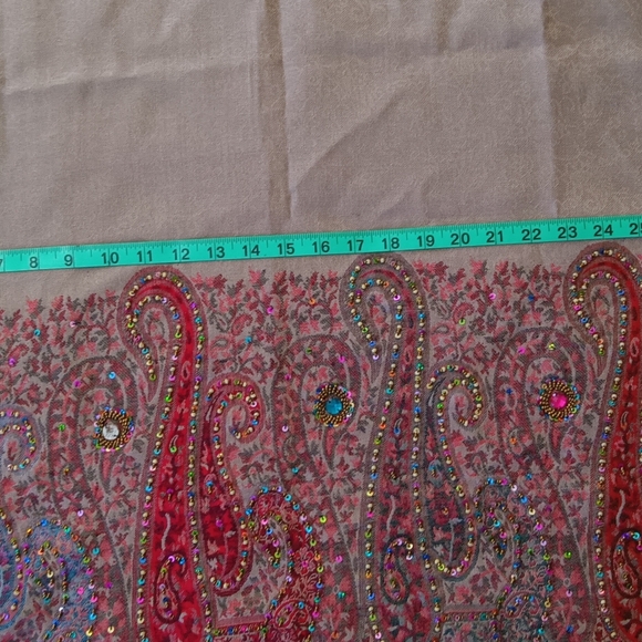 Colorful Large Paisley Embroidered Scarf With Handmade Colorful Sequins - Picture 7 of 11